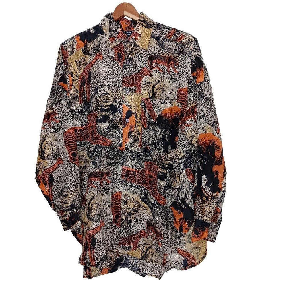 Vintage 80s Silk Club P Blouse Safari Animals Long Slv Tiger Zebra Cheetah READ